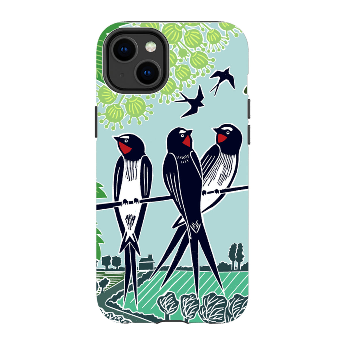 iPhone tough case featuring Kate Heiss swallow artwork with black birds on a light blue background and dual-layer protection.