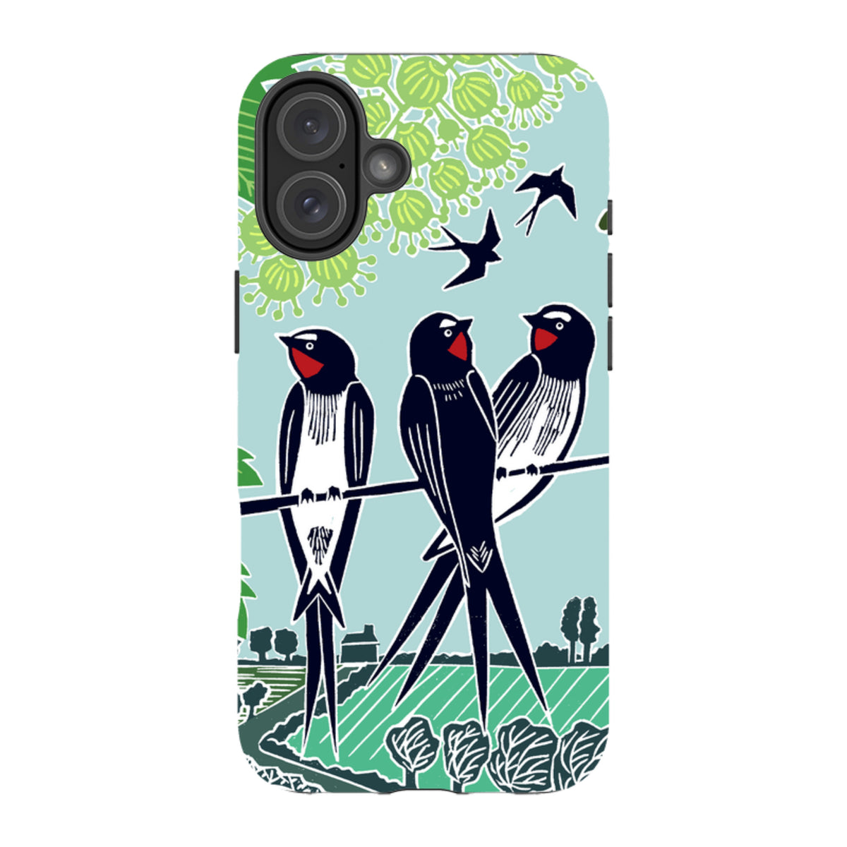 iPhone tough case featuring Kate Heiss swallows art with black birds on a light blue background and dual-layer protection.
