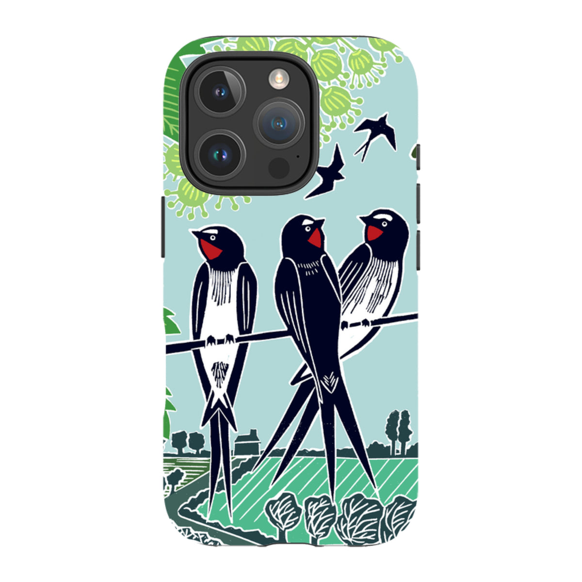 Dual-layer iPhone case featuring Kate Heiss swallows art with black birds on a light blue background and green landscape.