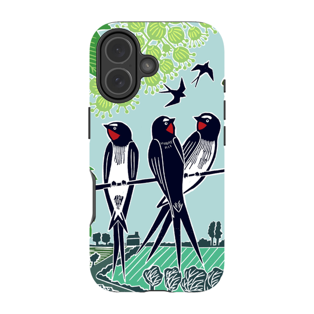 iPhone tough case featuring Kate Heiss swallow bird artwork on a light blue background with dual-layer protection.