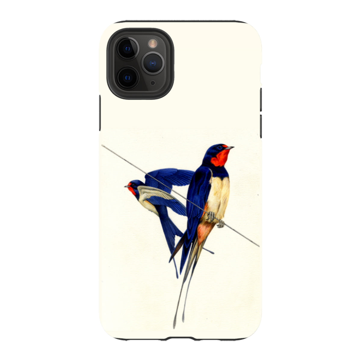 Dual-layer iPhone tough case featuring Philip Hood’s swallow bird artwork on a cream background with a black protective liner.