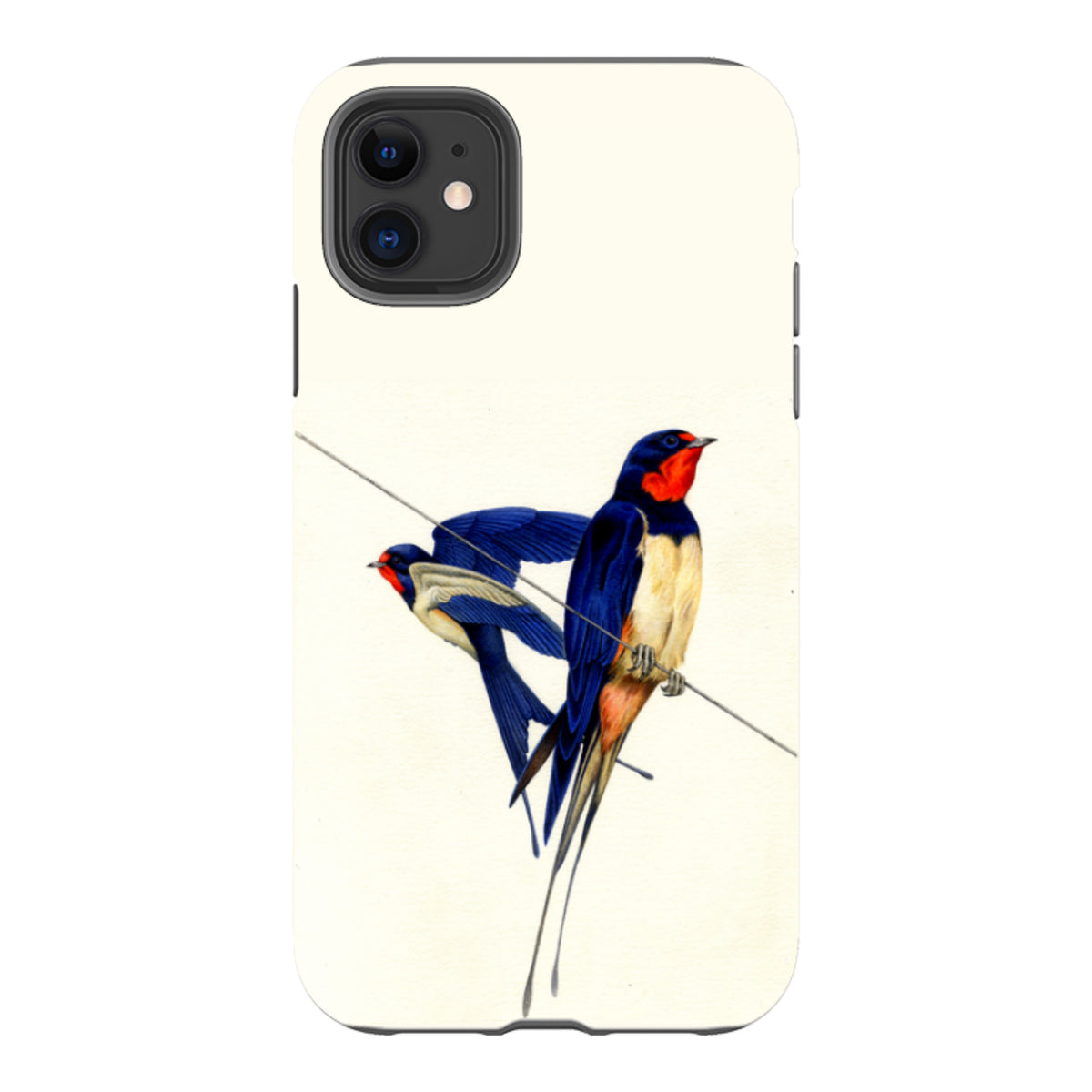 iPhone tough case featuring Philip Hood's swallow bird artwork on a cream background with dual-layer protective shell.