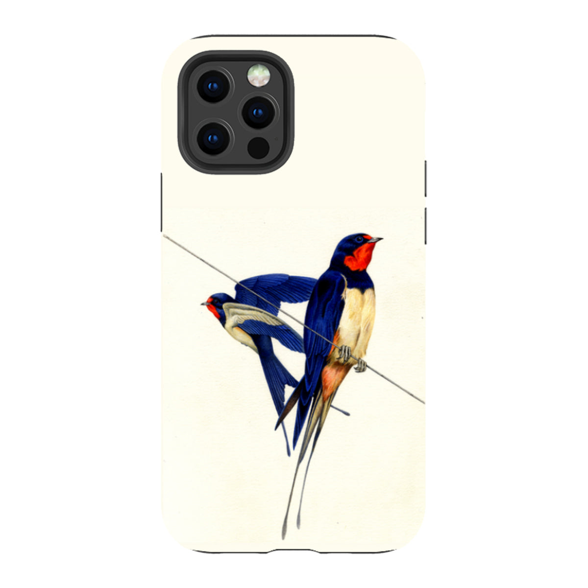 Dual-layer iPhone tough case featuring Philip Hood's swallow bird artwork on a cream background with a black camera cutout.