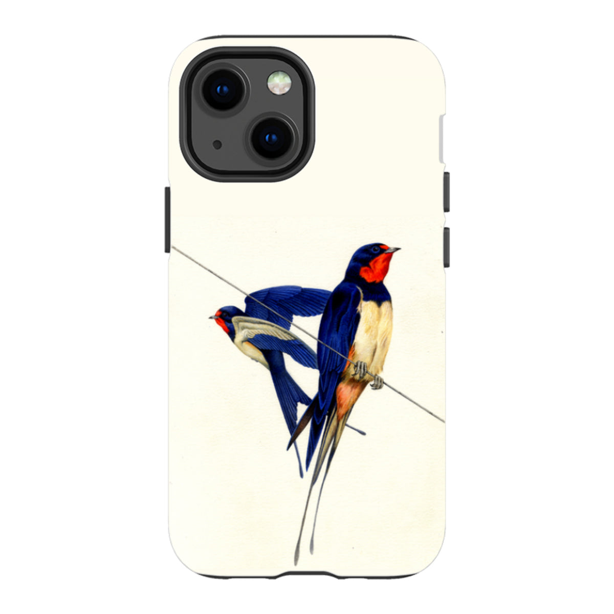 iPhone tough case featuring Philip Hood's swallows artwork on a cream background with dual-layer protective construction.