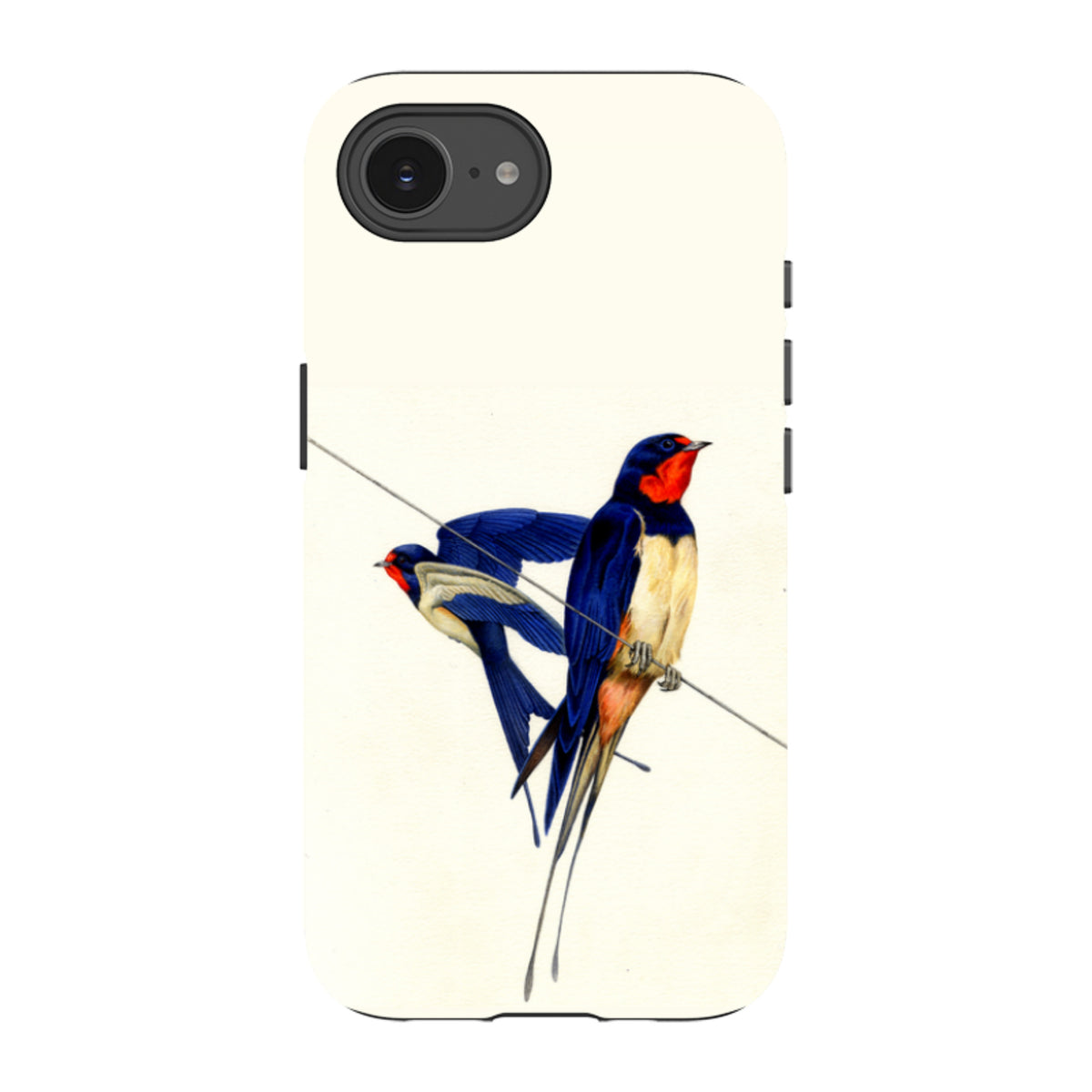 iPhone tough case featuring Philip Hood's swallow bird artwork on a cream background with a black protective camera bezel.