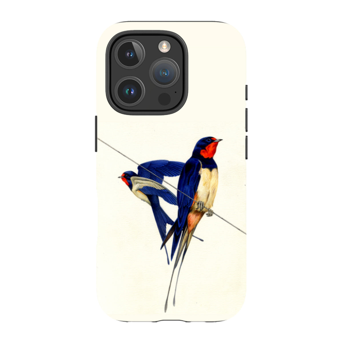 iPhone tough case featuring Philip Hood's swallow bird artwork on a cream background with dual-layer protective shell.