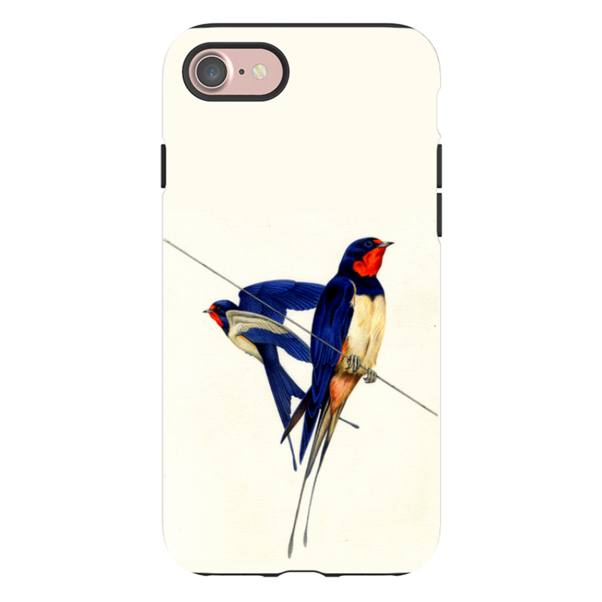 iPhone tough case featuring Philip Hood's swallows artwork on a cream background with a protective black TPU inner liner.
