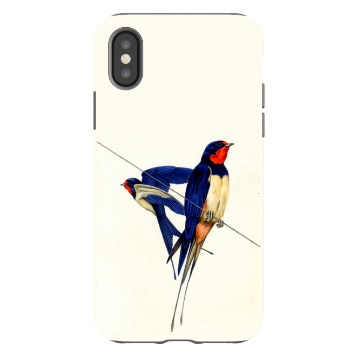 iPhone tough case featuring Philip Hood’s swallow bird artwork on a cream background with dual-layer protective shell.