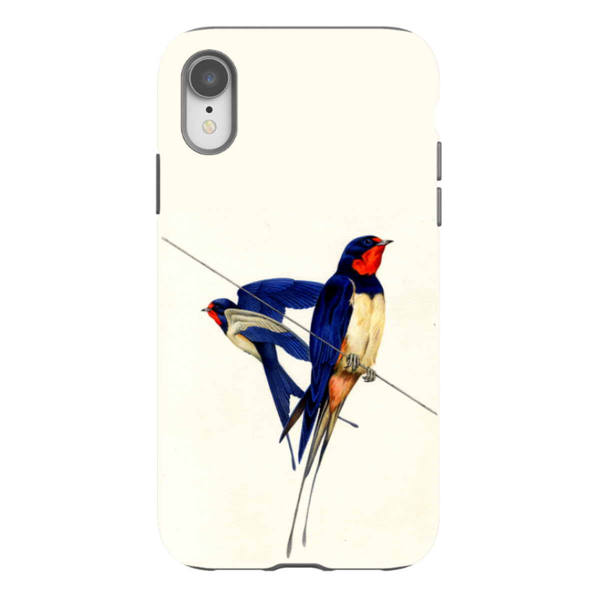 iPhone tough case featuring Philip Hood's swallow bird artwork on a cream background with dual-layer protective shell.