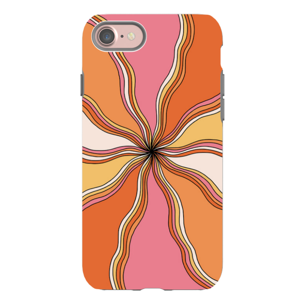 iPhone tough case featuring a vibrant, retro-inspired orange, pink, and yellow wavy swirl pattern with dual-layer protection.