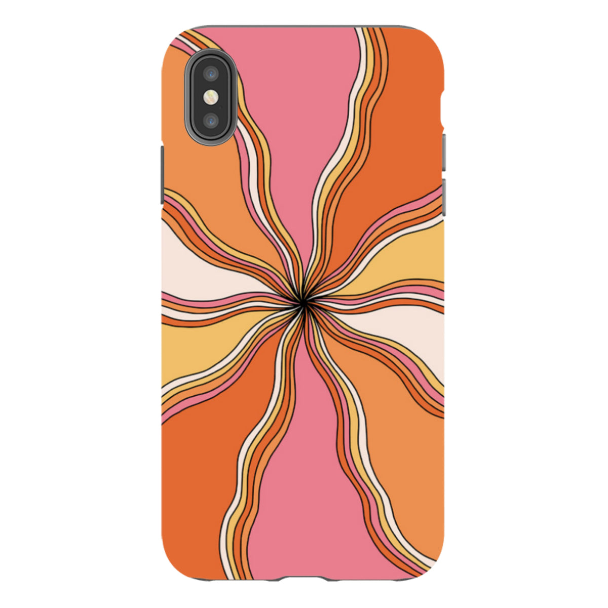 iPhone tough case with a vibrant orange, pink, and yellow retro swirl pattern and dual-layer protective design.