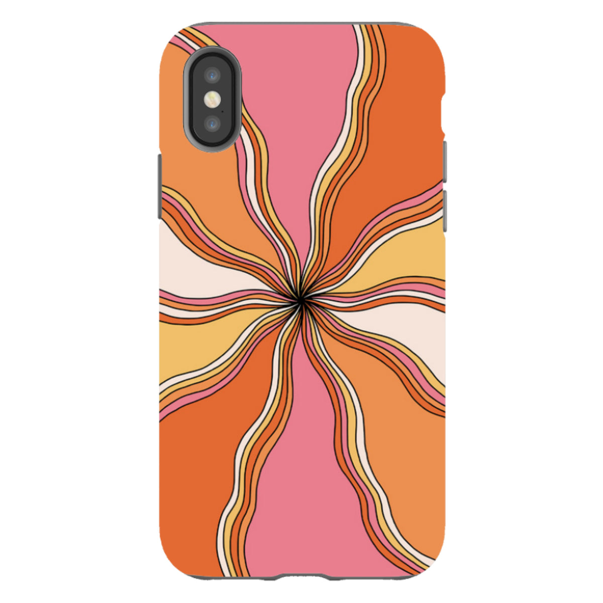 iPhone tough case featuring a retro orange, pink, and yellow wavy swirl pattern with a dual-layer protective design.