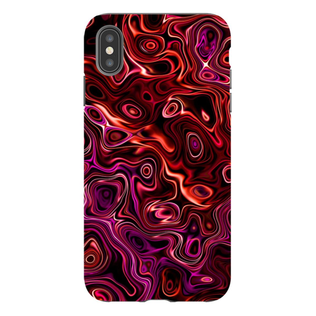 iPhone tough case with a vibrant red and purple liquid swirl pattern and dual-layer protective shell.