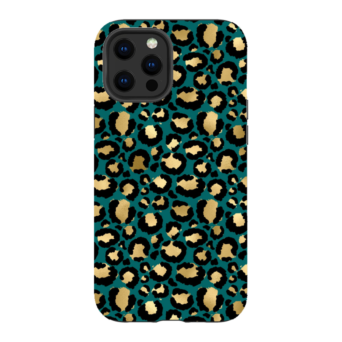 iPhone tough case featuring a teal, black, and gold leopard print pattern with a durable dual-layer protective design.