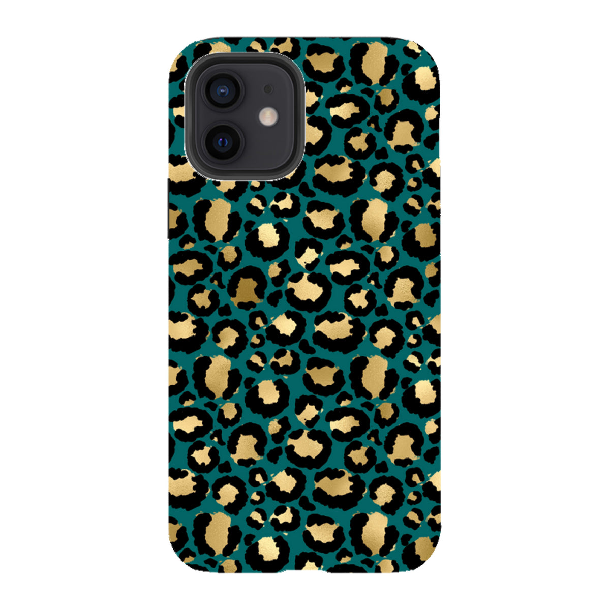 iPhone tough case with a teal, black, and gold leopard print pattern, featuring dual-layer protection and camera cutout.