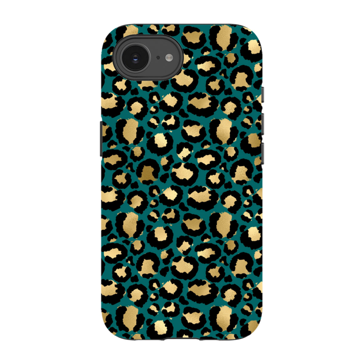 iPhone tough case featuring a teal background with a metallic gold and black leopard spot pattern.