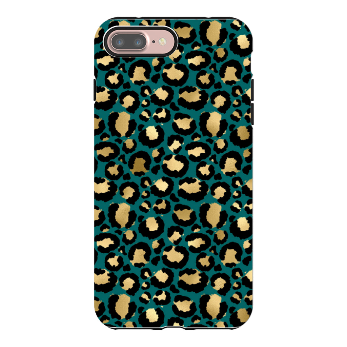 iPhone tough case with a teal and gold leopard print pattern, featuring a dual-layer design and camera cut-out.