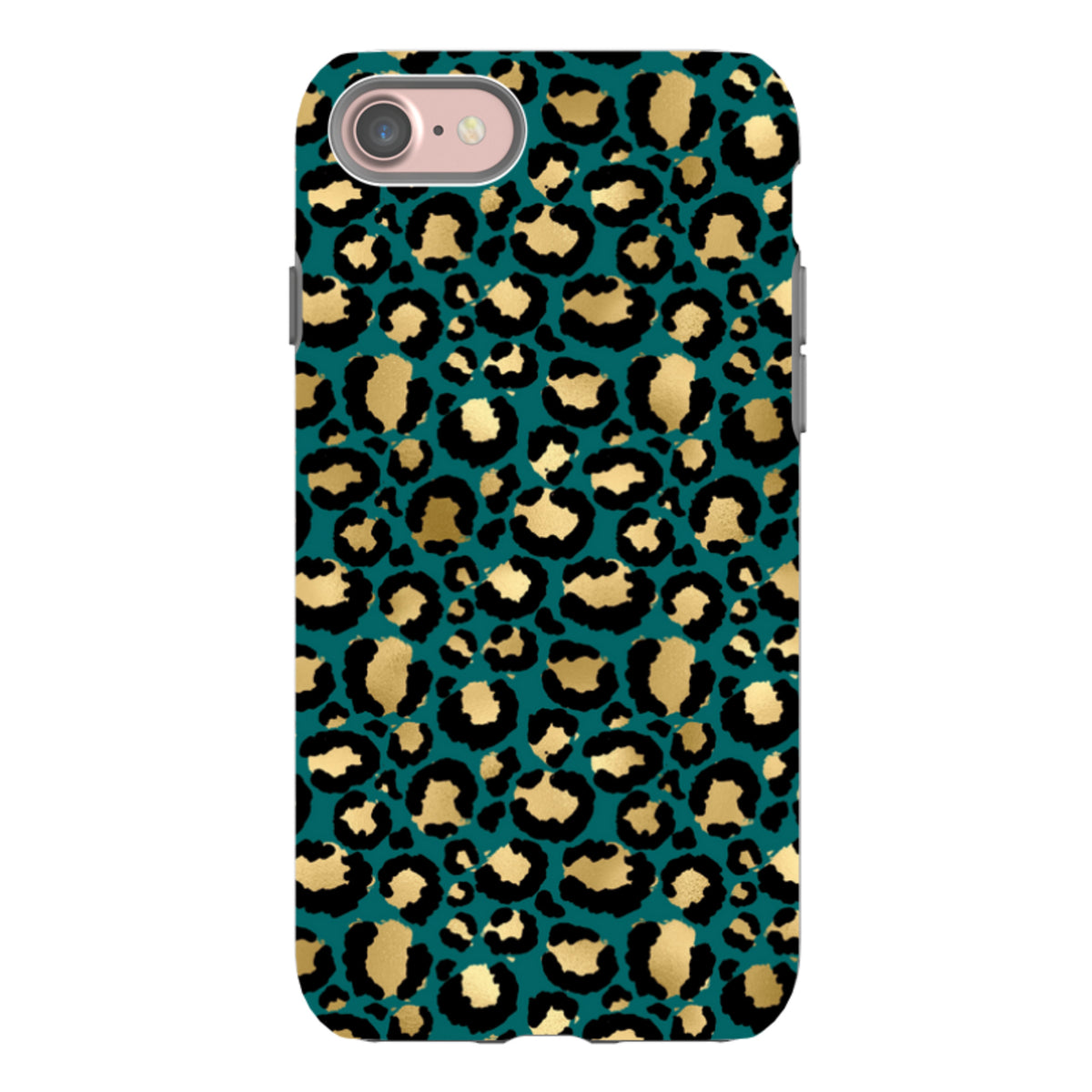 iPhone tough case featuring a teal, black, and gold leopard spot pattern with a durable dual-layer protective design.