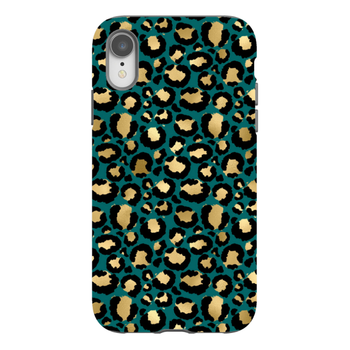 iPhone tough case featuring a teal and gold leopard print pattern with a durable dual-layer protective design.