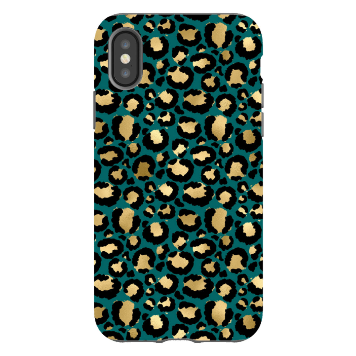 iPhone tough case featuring a teal and gold leopard print pattern with a durable dual-layer design and camera cut-out.