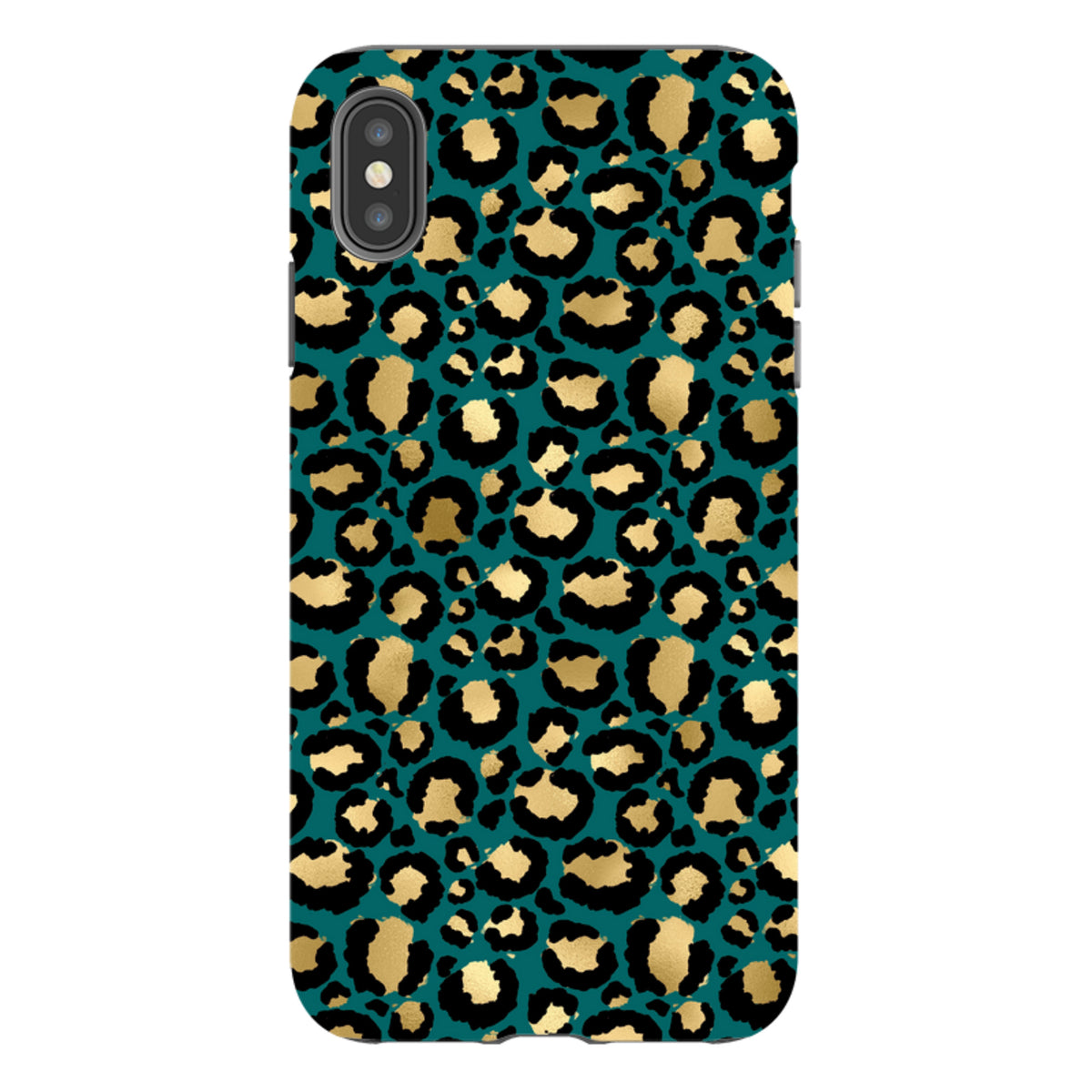 Dual-layer iPhone tough case featuring a teal, black, and metallic gold leopard print pattern with a precise camera cutout.