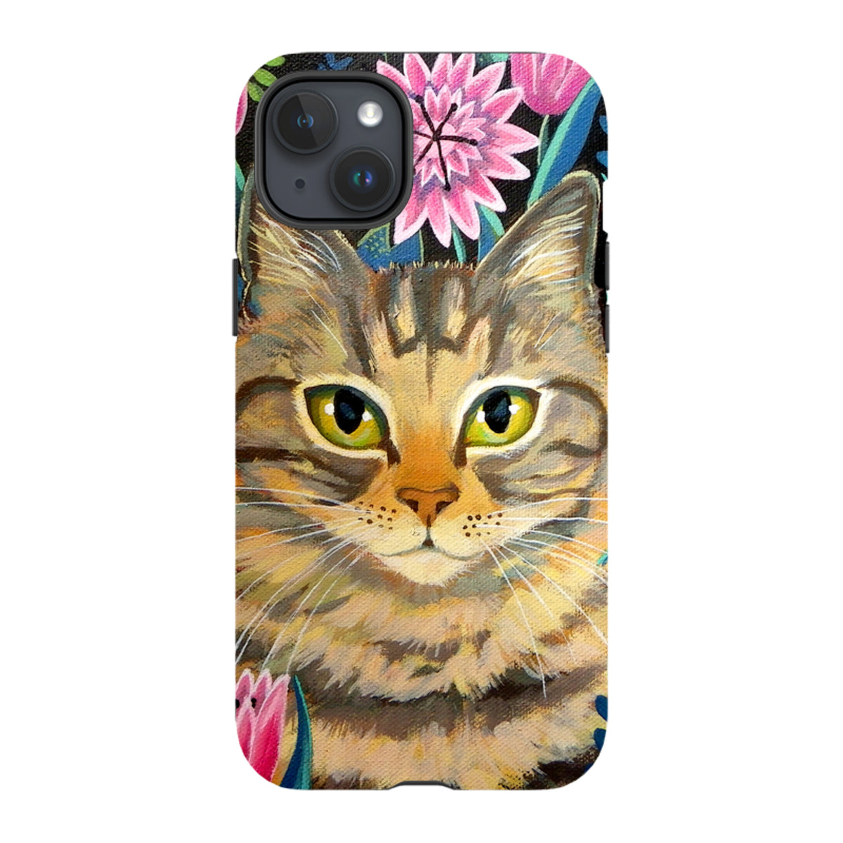 iPhone tough case featuring a tabby cat painting by Mary Stubberfield surrounded by vibrant pink flowers.