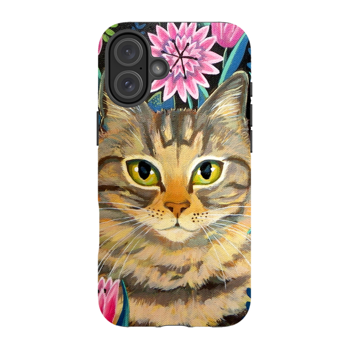 iPhone tough case featuring a tabby cat painting by Mary Stubberfield with vibrant pink flowers on a black background.