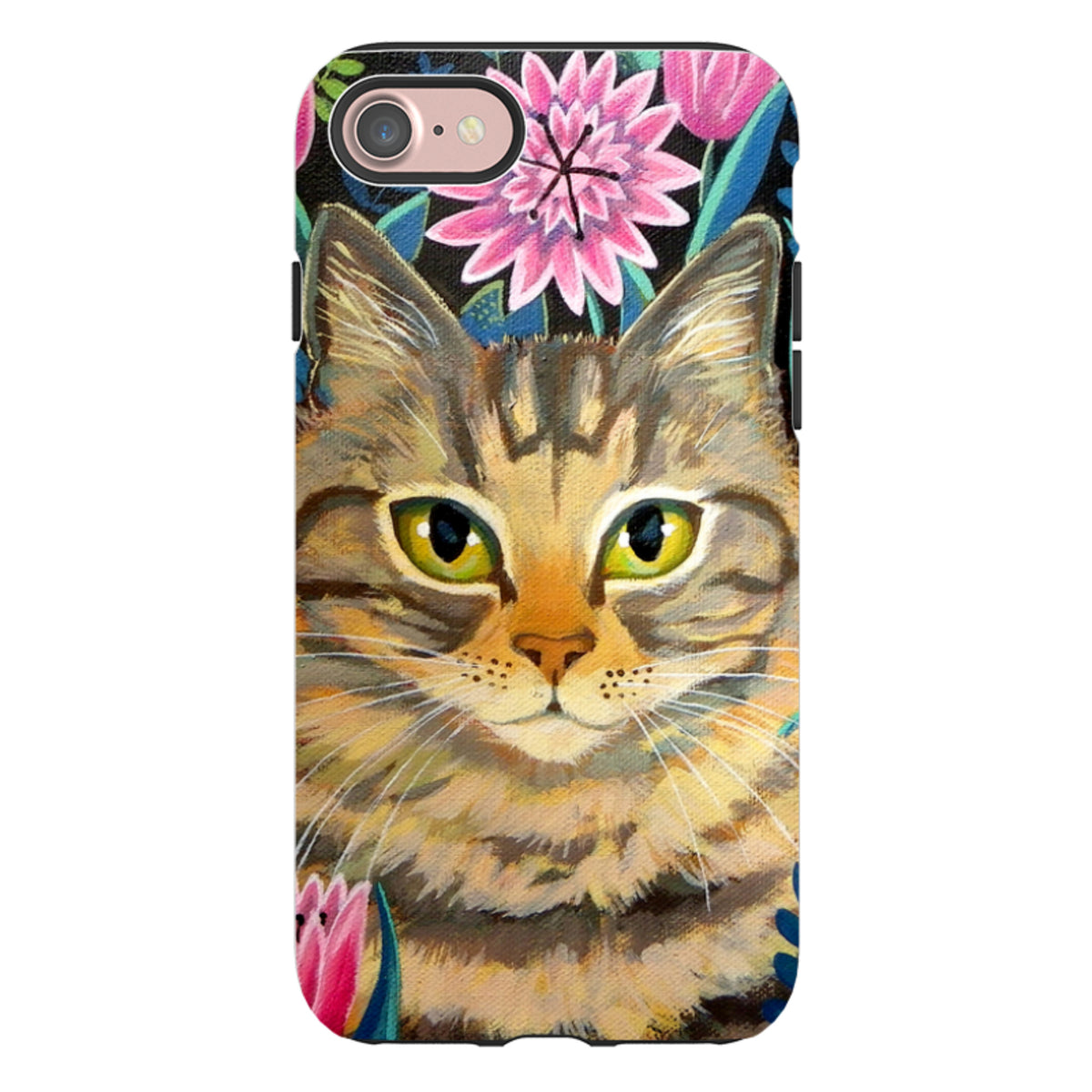iPhone tough case featuring a tabby cat painting with pink flowers on a black background and dual-layer protection.
