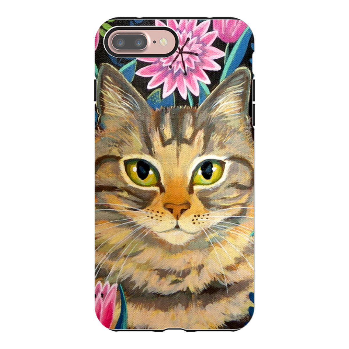 iPhone tough case featuring a painted tabby cat portrait surrounded by vibrant pink flowers on a black background.