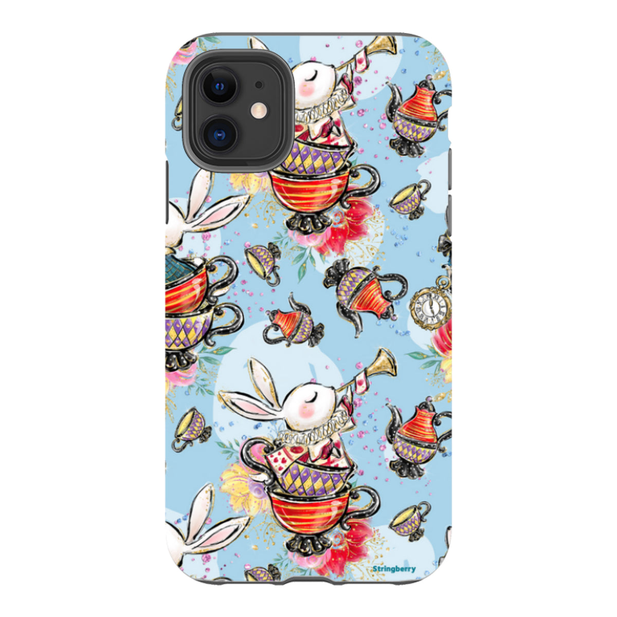 iPhone Tough Case featuring a whimsical Tea Party pattern with white rabbits, colorful teacups, and teapots on blue.