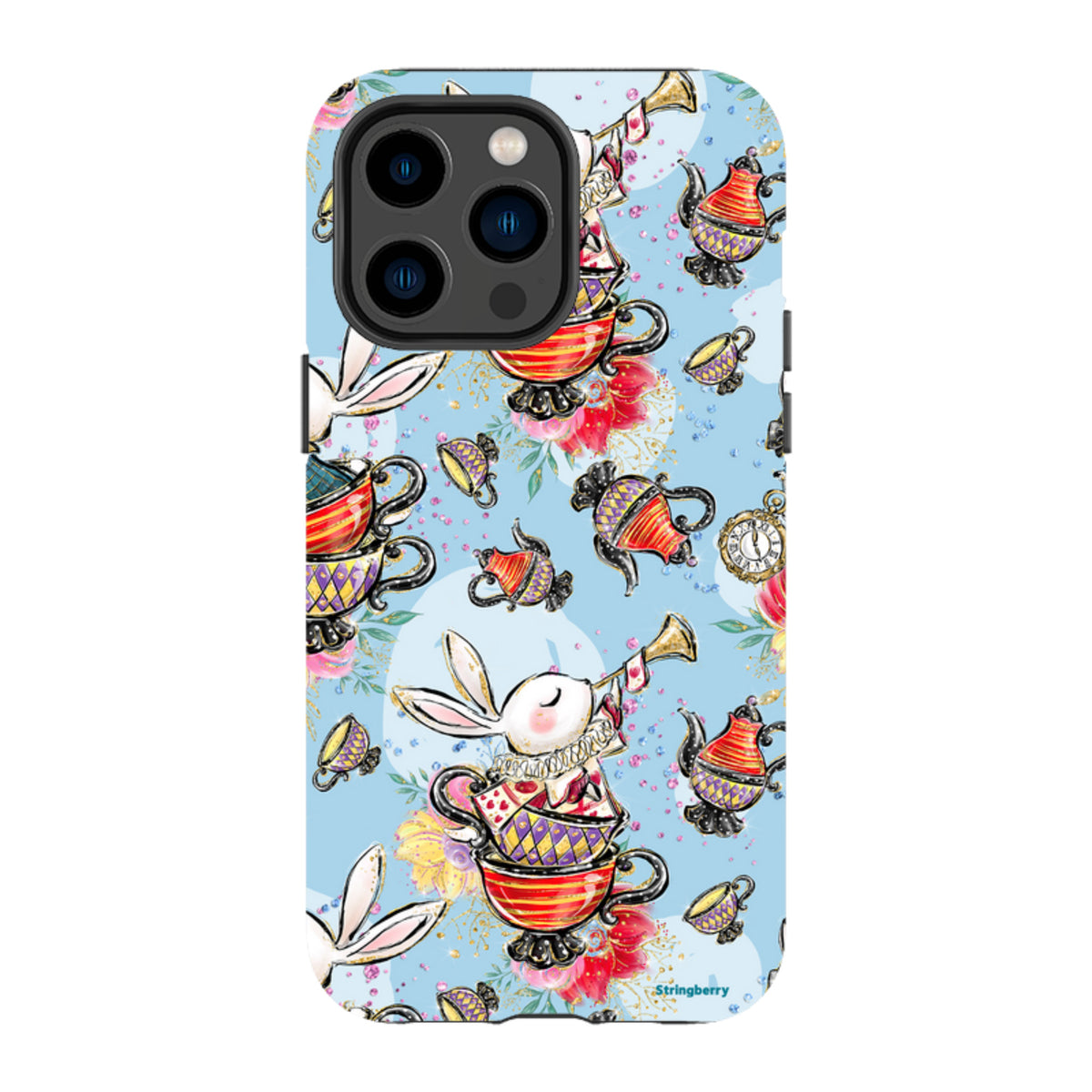 iPhone tough case with a light blue Tea Party pattern featuring white rabbits, colorful teacups, and floral accents.
