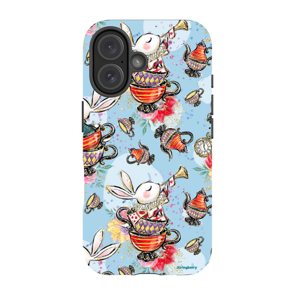 iPhone tough case with a whimsical tea party pattern featuring rabbits, teapots, and teacups on a light blue background.