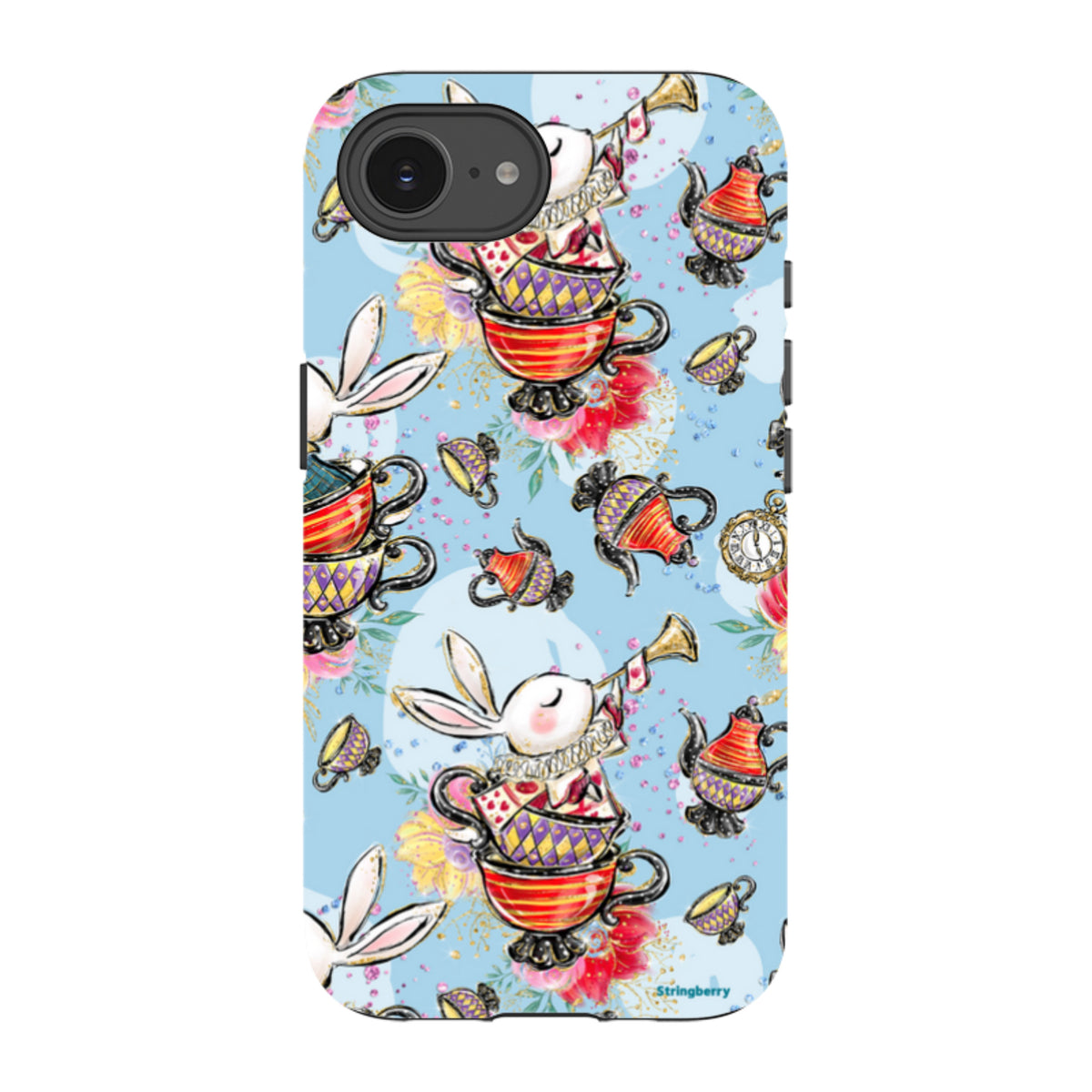 Dual-layer iPhone tough case featuring a whimsical blue tea party pattern with rabbits, teapots, and teacups.