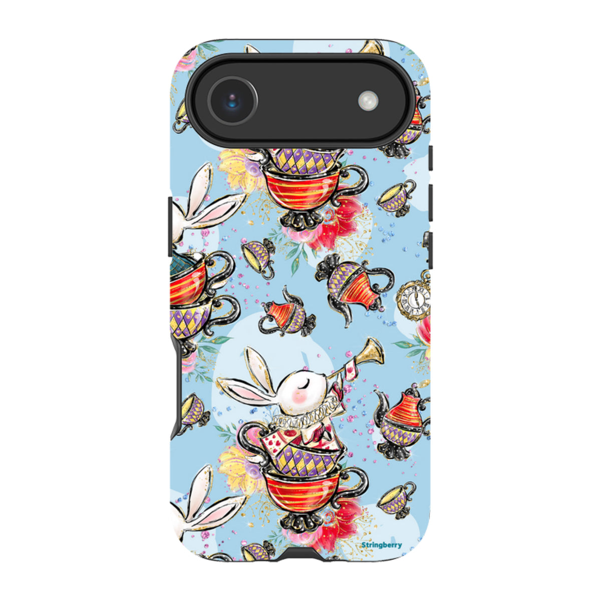 Dual-layer iPhone case with a light blue Tea Party pattern featuring white rabbits, teacups, and teapots.