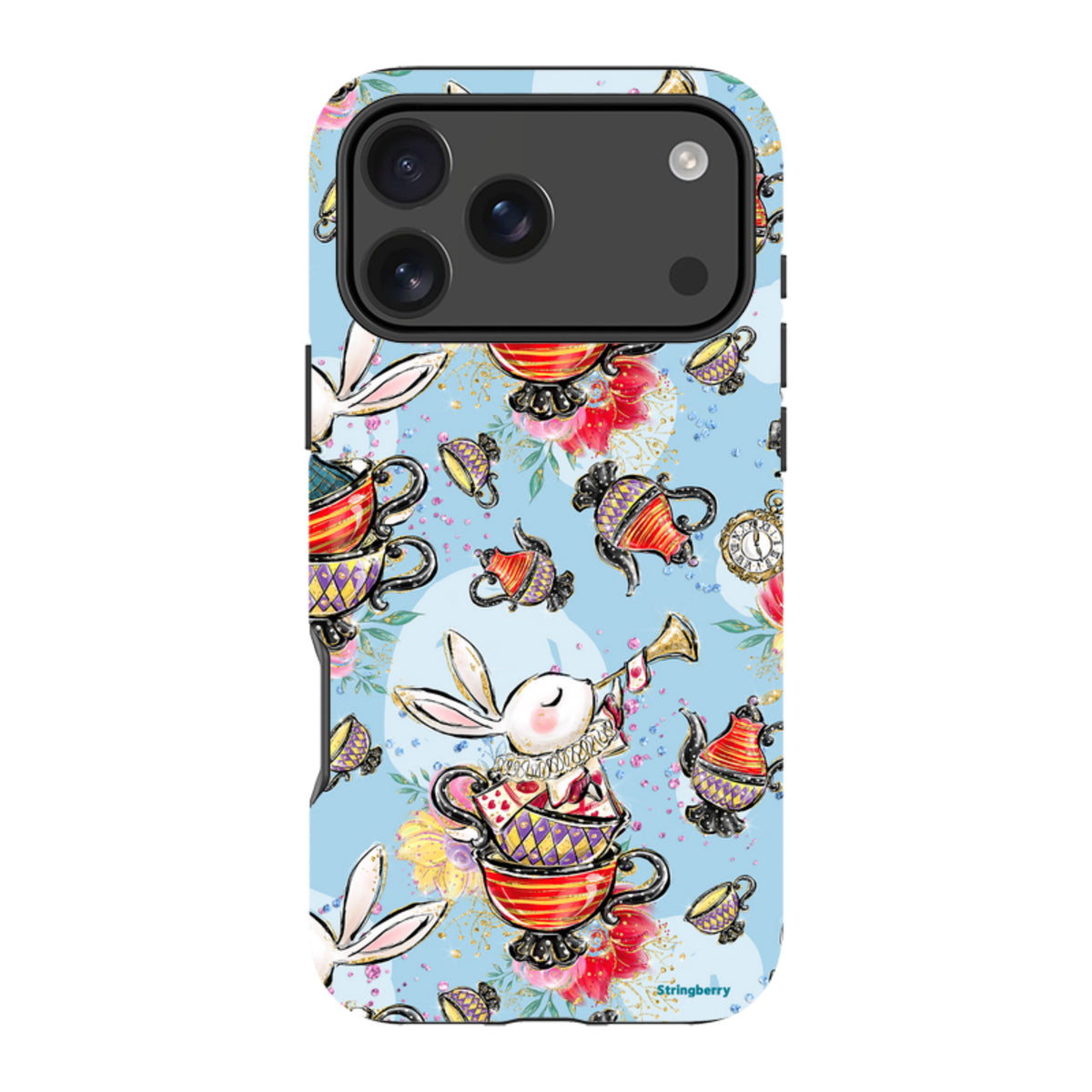 iPhone Tough Case featuring a whimsical Tea Party pattern with rabbits, teacups, and floral accents on a light blue background.