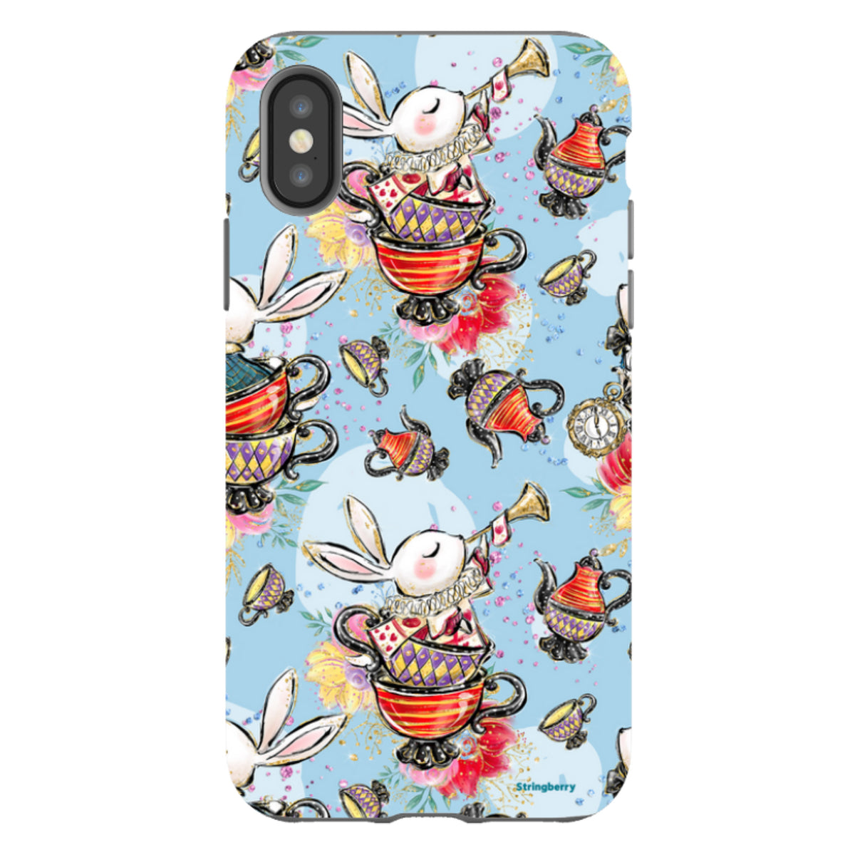 iPhone tough case with a light blue Tea Party pattern featuring rabbits, teapots, and teacups in a dual-layer design.