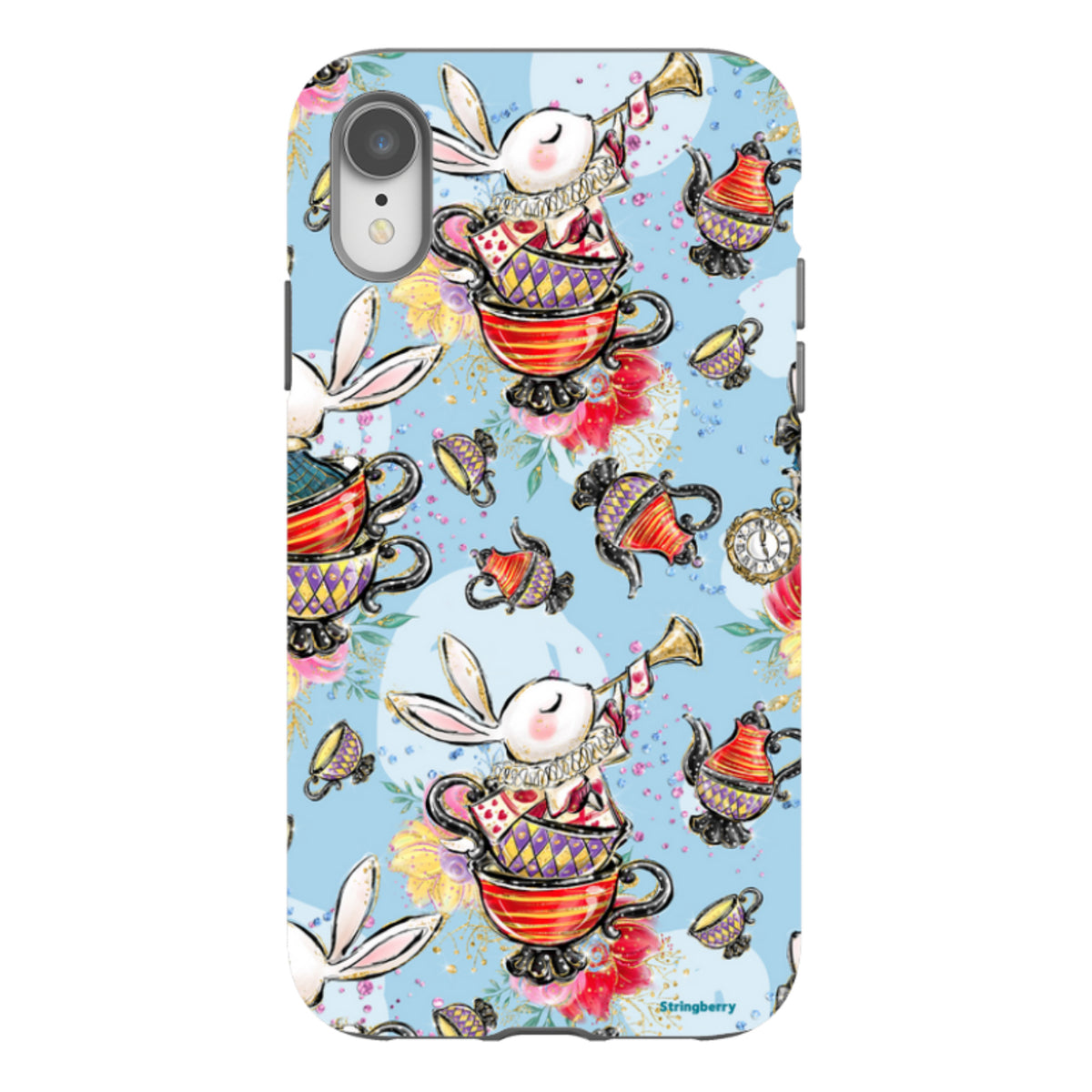 Dual-layer iPhone case with a light blue Tea Party pattern featuring rabbits, teacups, and teapots in a whimsical style.