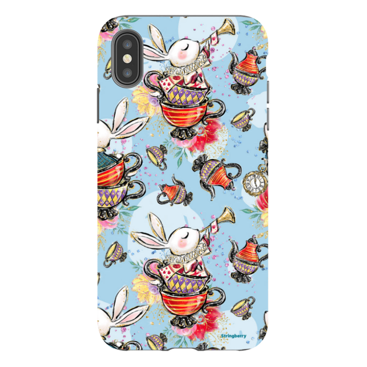 iPhone tough case with a light blue Tea Party pattern featuring whimsical rabbits, teacups, and teapots in vibrant colors.