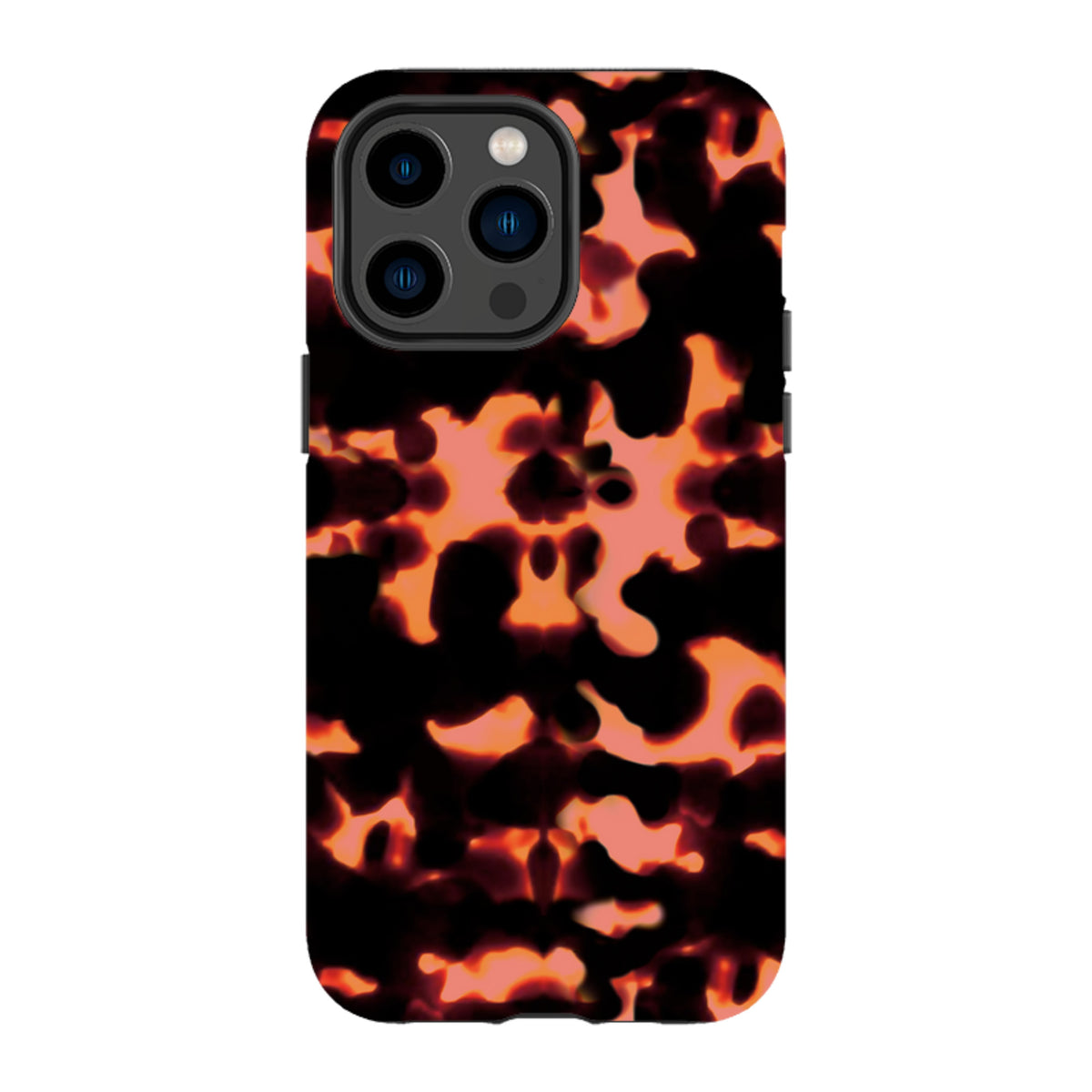 iPhone Tough Case in Teaberry featuring a dual-layer design with a black and orange abstract tortoiseshell pattern.