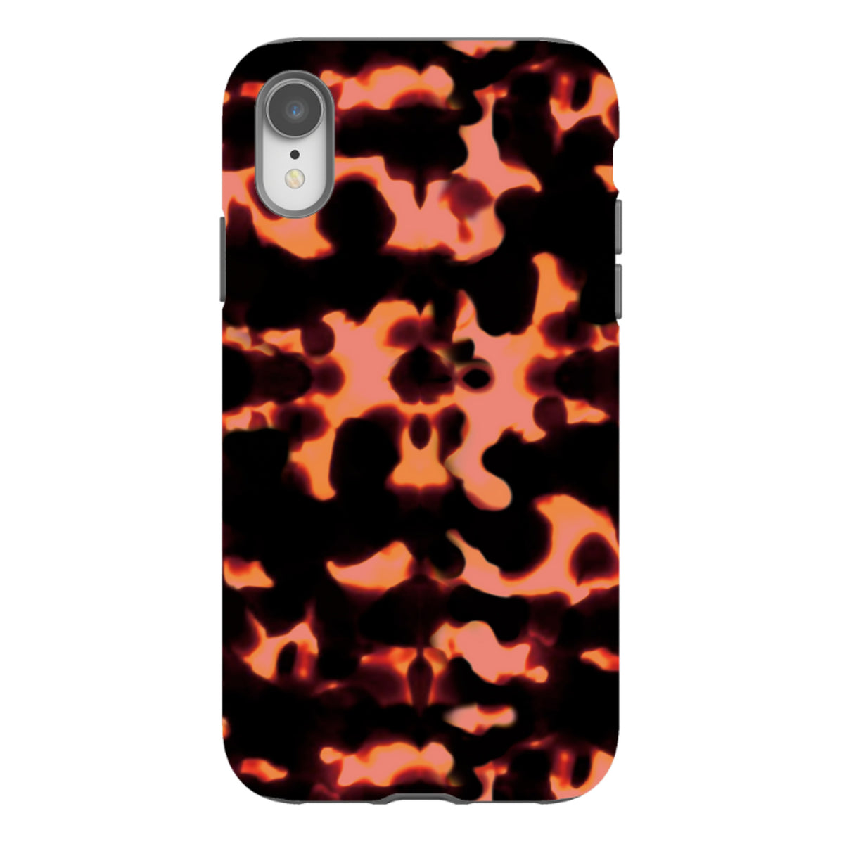 iPhone Tough Case in Teaberry featuring a dual-layer design with a black and vibrant orange abstract tortoiseshell pattern.