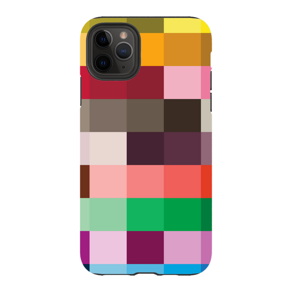 iPhone tough case with a vibrant, multi-colored grid pattern, featuring a dual-layer design and precise camera cutouts.