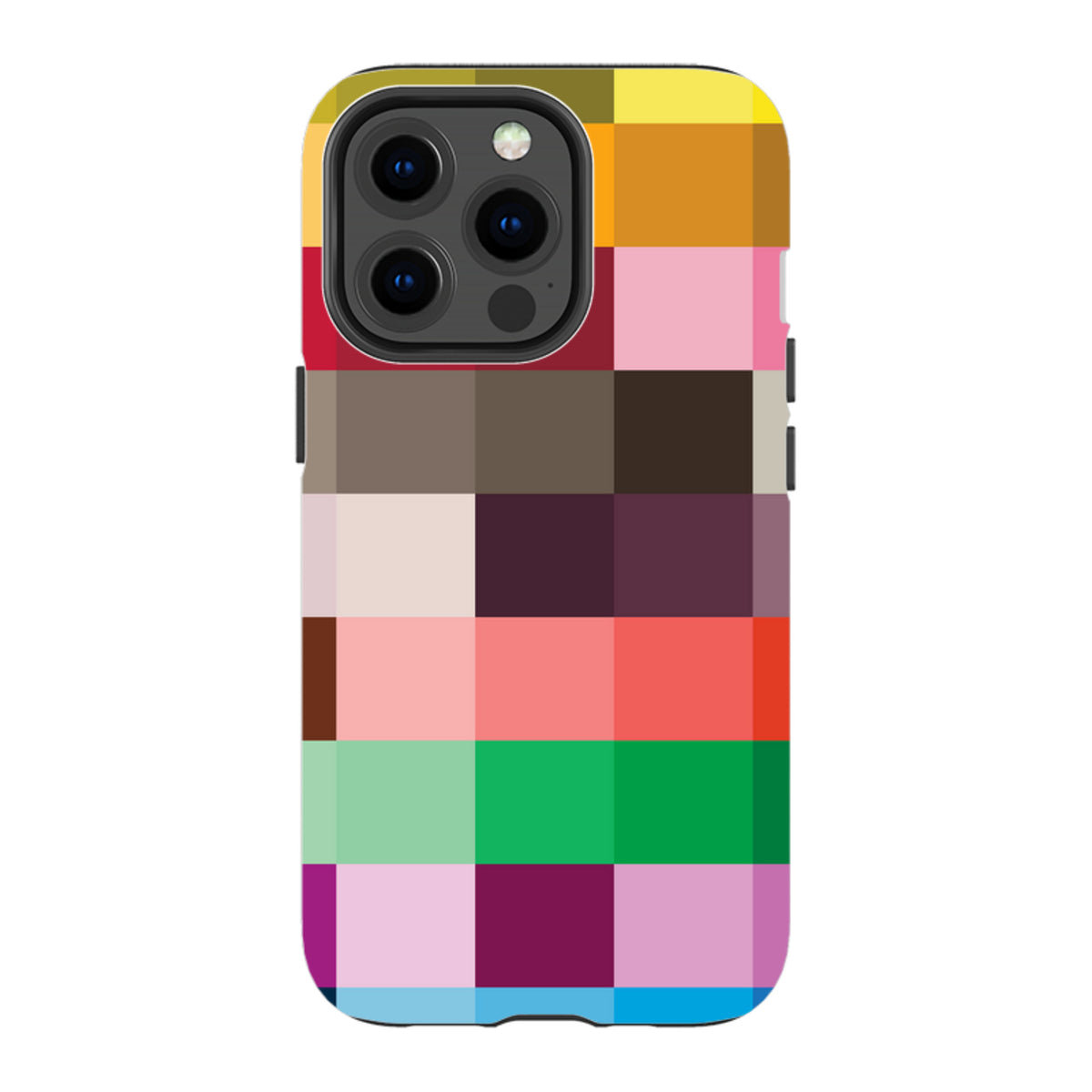 iPhone tough case featuring a colorful, high-definition grid pattern with dual-layer protection and precise cut-outs.