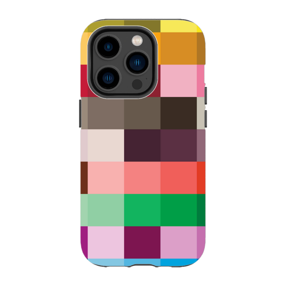 iPhone Tough Case featuring a vibrant, multicolored grid pattern with a durable dual-layer design and camera cutouts.