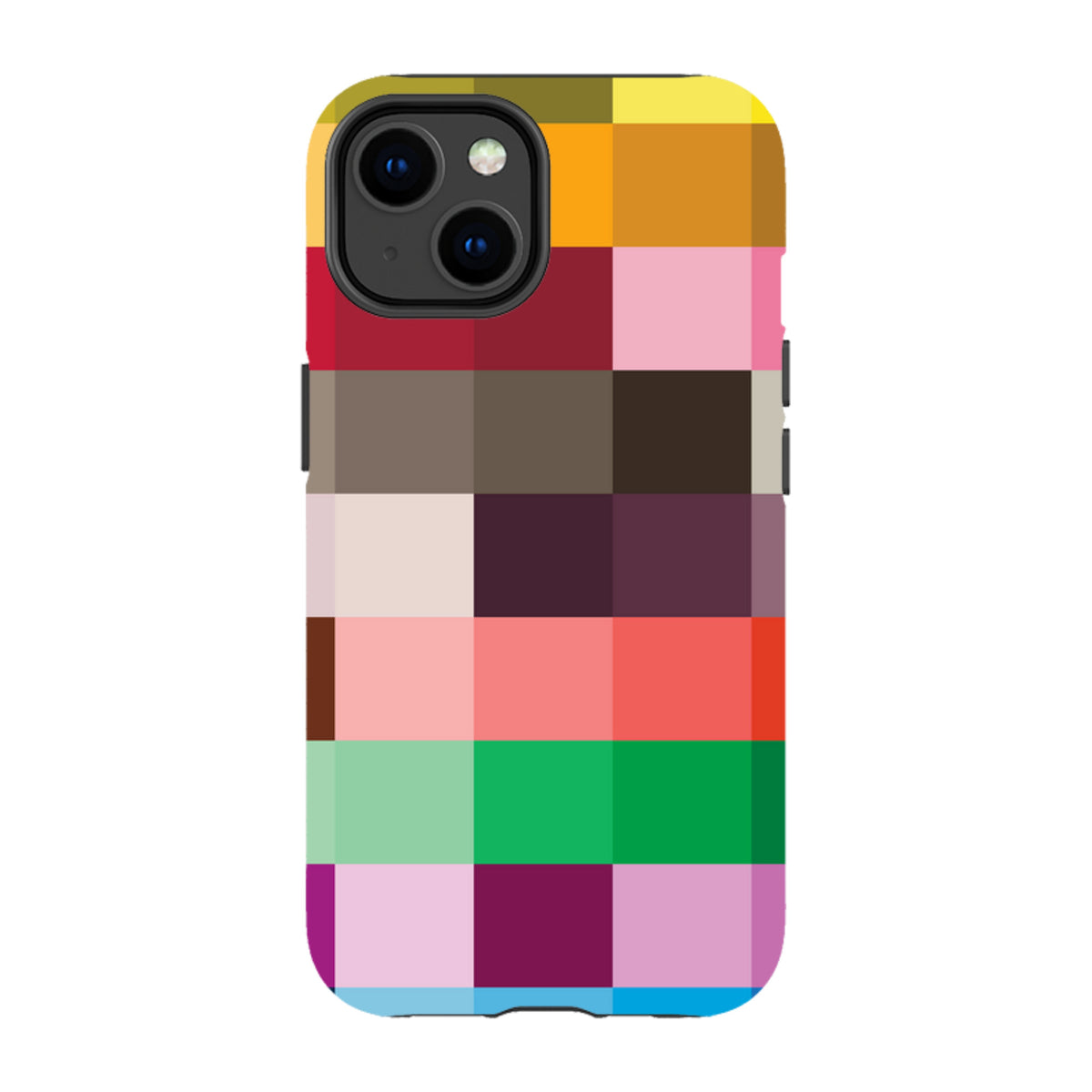 iPhone tough case with a vibrant, multi-colored grid pattern and dual-layer protection for a secure, precise fit.
