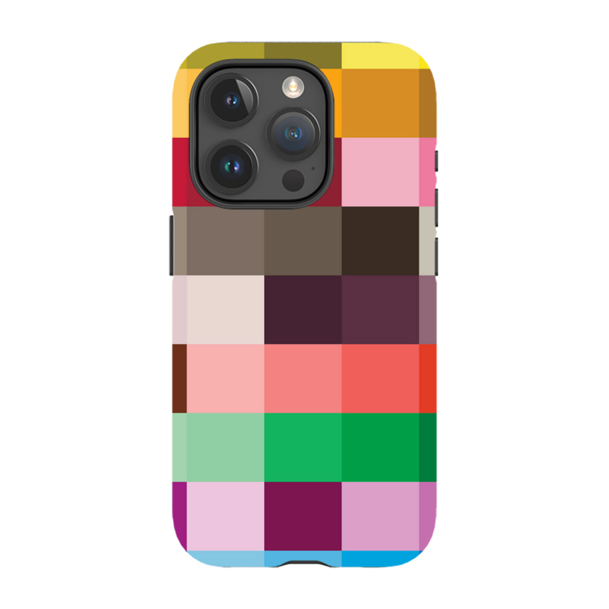 iPhone tough case featuring a vibrant, high-definition technicolor grid pattern with dual-layer protective construction.