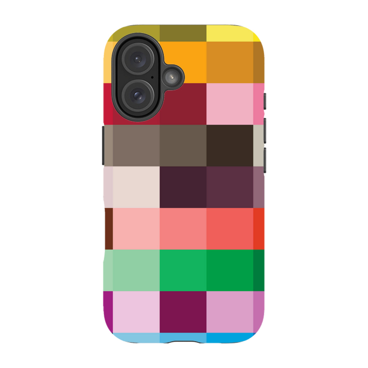 iPhone Tough Case with a vibrant, multi-colored grid pattern and dual-layer protective design.