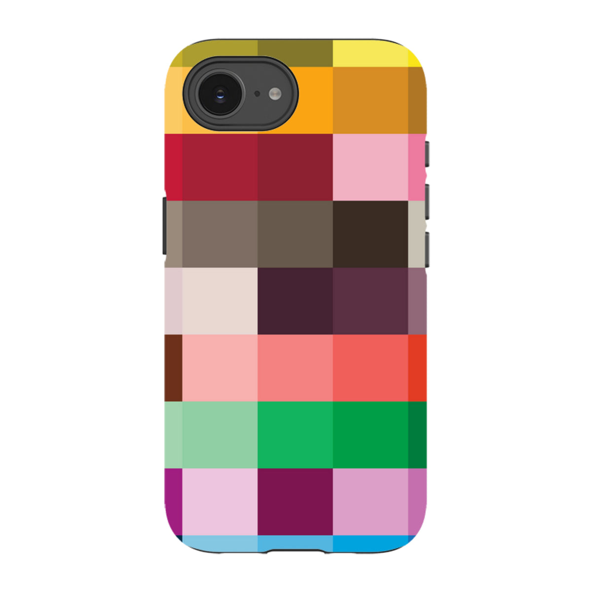 iPhone tough case with a vibrant, multi-colored grid pattern and durable dual-layer protection for everyday use.
