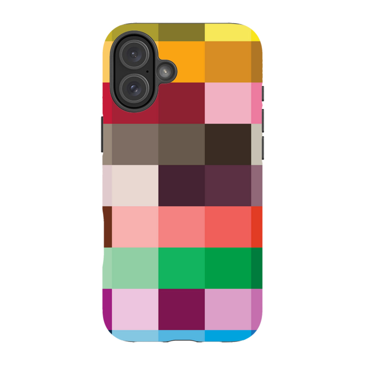 Technicolor iPhone tough case with a vibrant, multi-colored grid pattern and dual-layer protective design.