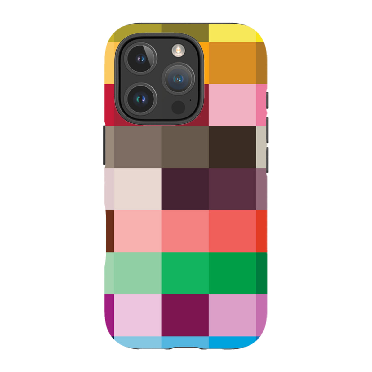 iPhone tough case featuring a vibrant technicolor grid pattern with dual-layer protection and precise camera cutouts.