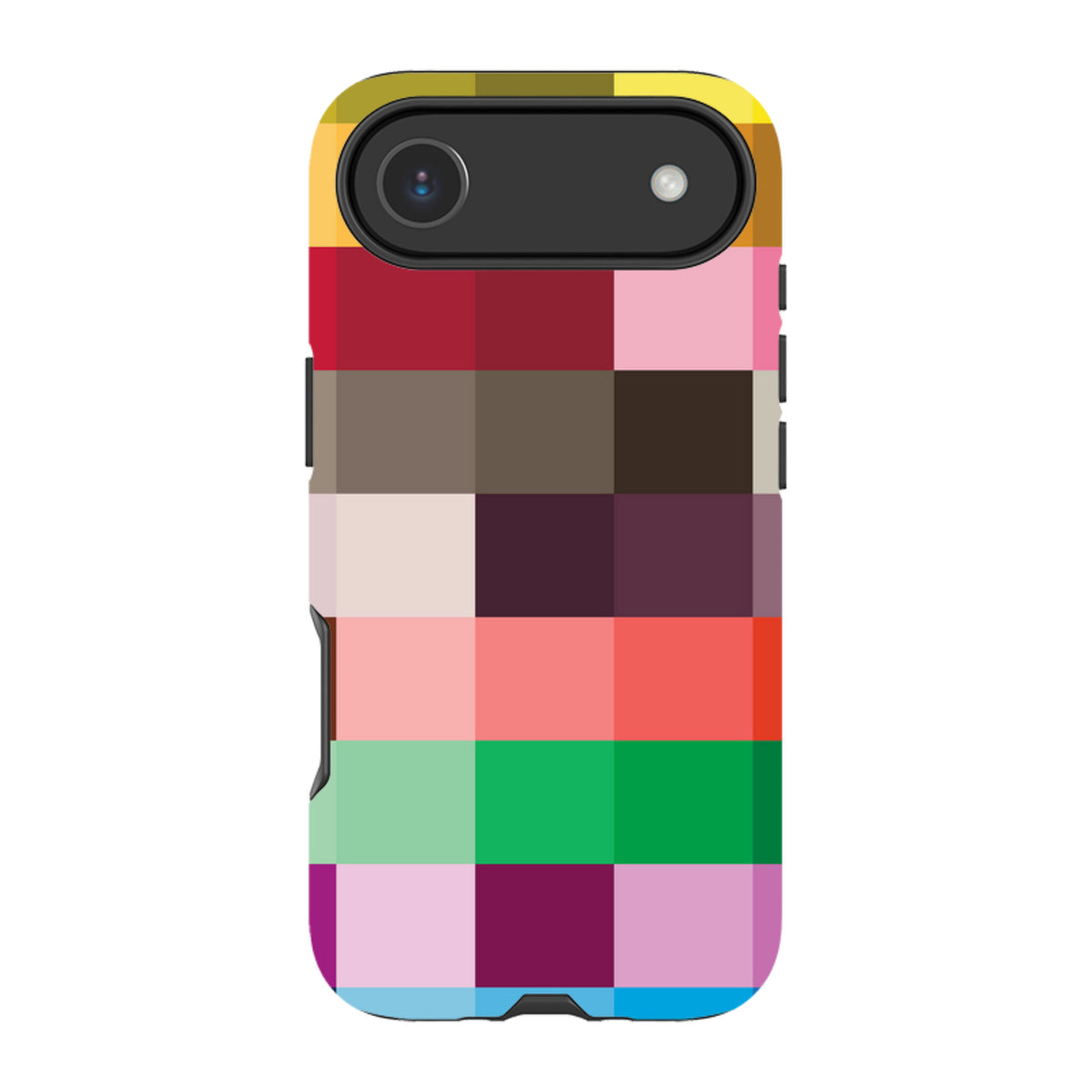 Technicolor dual-layer iPhone tough case featuring a vibrant, high-definition grid of colorful geometric squares.